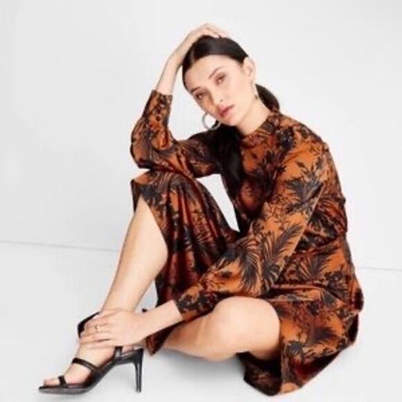 Future Collective Satin Mock Neck Midi Dress XL Brown Tropical Print Retro - Picture 4 of 11
